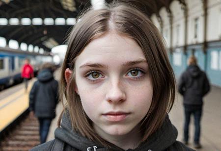 beautiful emo girl, brown eyes, pale skin, looking at viewer, closeup, eye contact, high resolution, highly-detailed, train station