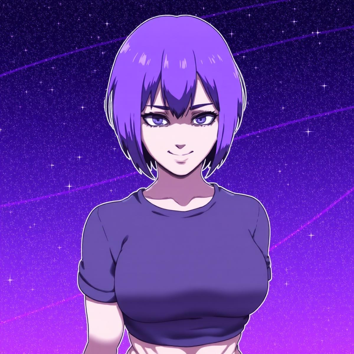 motion lines, 1girl Tomboy, short purple hair, black t-shirt, midriff , navel ,smug smile, shimmering purple manga background with celestial stars, looking directly at the viewer, <lora:D-ART-18dart5[Flux]:1>