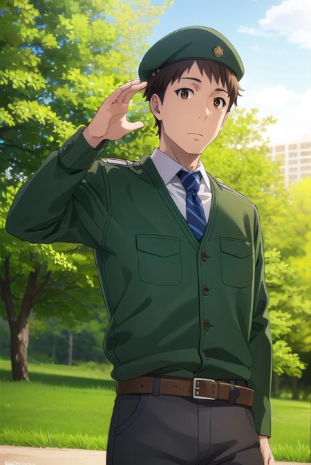 youjiitami, <lora:youji itami s1s2-lora-nochekaiser:1>,
youji itami, brown hair, (brown eyes:1.5), male focus, mature male,
BREAK shirt, hat, white shirt, necktie, collared shirt, belt, pants, uniform, beret, green necktie,
BREAK outdoors, forest, nature, grass, trees, sun, sky, clouds,
BREAK looking at viewer, (cowboy shot:1.5),
BREAK <lyco:GoodHands-beta2:1>, (masterpiece:1.2), best quality, high resolution, unity 8k wallpaper, (illustration:0.8), (beautiful detailed eyes:1.6), extremely detailed face, perfect lighting, extremely detailed CG, (perfect hands, perfect anatomy),