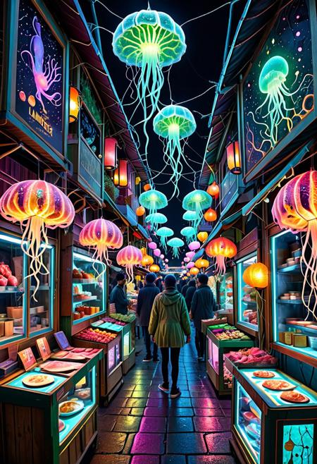 lazypos, masterpiece, best quality, amazing quality, very aesthetic, absurdres, An outdoor street market at night, food stalls made of glowing bark and moss, lanterns shaped like floating jellyfish, vendors wearing clothes stitched with shimmering threads, surreal lighting