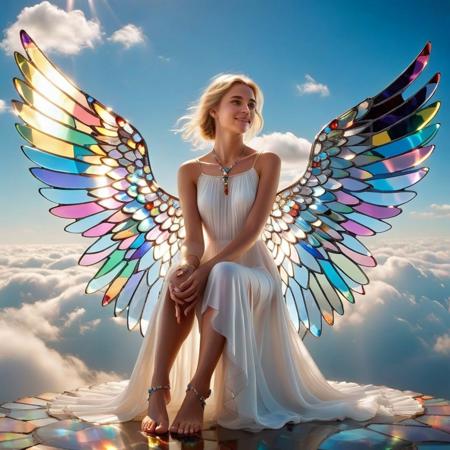 cs-cr1stal-v2, a woman, blonde hair, white wings made of stained glass, barefoot, solo, angel, jewelry, white dress made of stained glass, anklet, angel, wings made of stained glass, short hair, full body, bare shoulders, looking at viewer, clouds background, feathered Glass wings, toes, blue eyes, feet, bracelet, braid, smile, gem,sleeveless, armlet, crown Made made of stained glass, closed mouth, realistic, photorealistic, lips, pants, flying, bracer, floating, toe ring, necklace, clouds