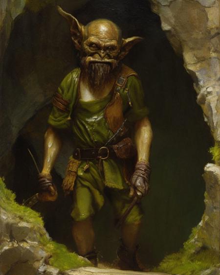 a diminutive olive-green-skin goblin emerging from the shadows of a long cave, wiry arms and taloned hands, short monster is scrawny, very detailed and highly textured goblin wearing a metal cap and brown leather tunic, black eyes, painting by classipeint, goblin with olive-green skin fantasy painting, background is a deep cave with distant light source and mossy rough walls