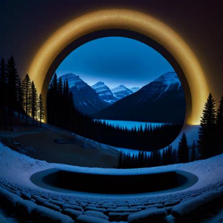 (photography art designed by Frank Montague Moore:1.2) and (Martin Creed:0.7) and (Théophile Schuler:1.1) , epic, Wizardcore, Golden ratio, highly detailed, landscape of a (Banff National Park:1.3) from inside of a Amphitheater, it is very Visionary and Melancholy, Ridiculous trees with Rose, Foggy, Movie still, Energetic, spotlight, Low shutter, contrasting colors and DayGlo blue hue, Cygnus constellation, Instagram, contest winner, trending on CGSociety