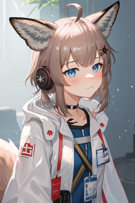 best quality, masterpiece, highres, solo, {sussurro_arknights:1.15}, animal_ears, fox_ears, ahoge, blue_eyes, bangs, short_hair, oripathy_lesion_\(arknights\), brown_hair, fox_girl, upper_body, animal_ear_fluff, closed_mouth, blush