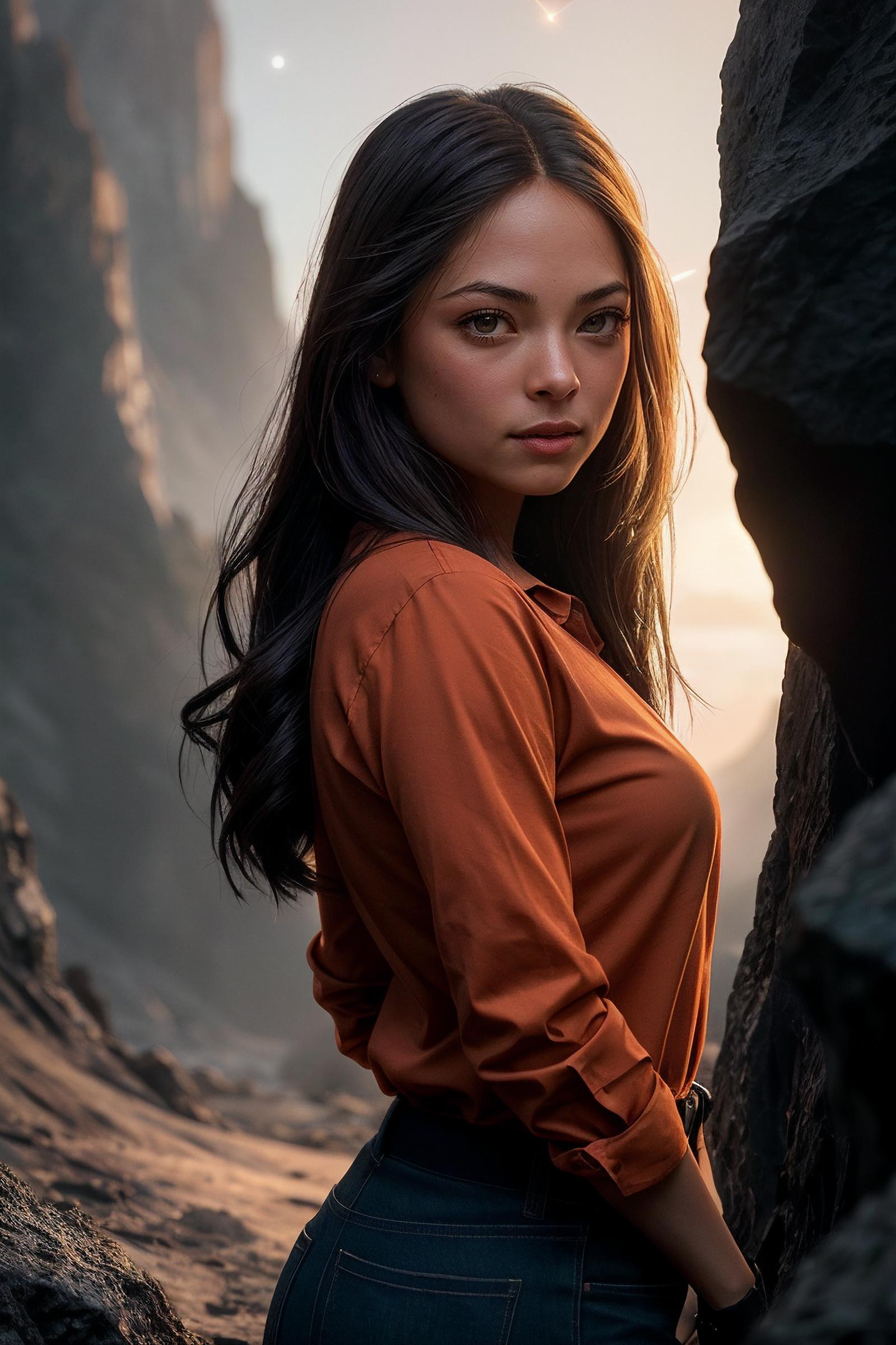 Woman with Long Hair in Orange Blouse Posing in a Mountainous Setting