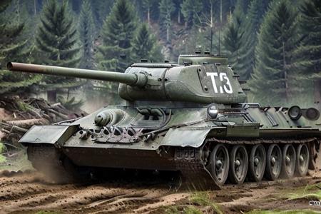 Tan t34 racing down the forest,  shooting, day time, High Detail, Sharp focus, ((photorealism)), realistic, best quality, 8k, side view, sun in the sky