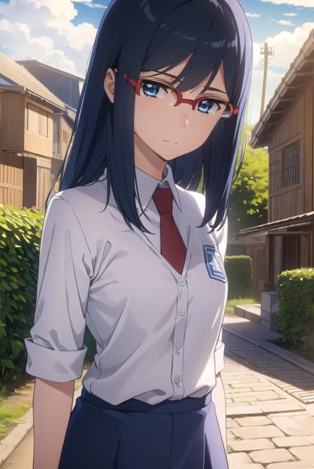 chirikotsurumi, <lora:chiriko tsurumi s1-lora-nochekaiser:1>,
chiriko tsurumi, long hair, blue eyes, blue hair, glasses, red-framed eyewear,
BREAK school uniform, necktie, watch, wristwatch,
BREAK outdoors, house, fields, grass, sky, sun, clouds,
BREAK looking at viewer, (cowboy shot:1.5),
BREAK <lyco:GoodHands-beta2:1>, (masterpiece:1.2), best quality, high resolution, unity 8k wallpaper, (illustration:0.8), (beautiful detailed eyes:1.6), extremely detailed face, perfect lighting, extremely detailed CG, (perfect hands, perfect anatomy),