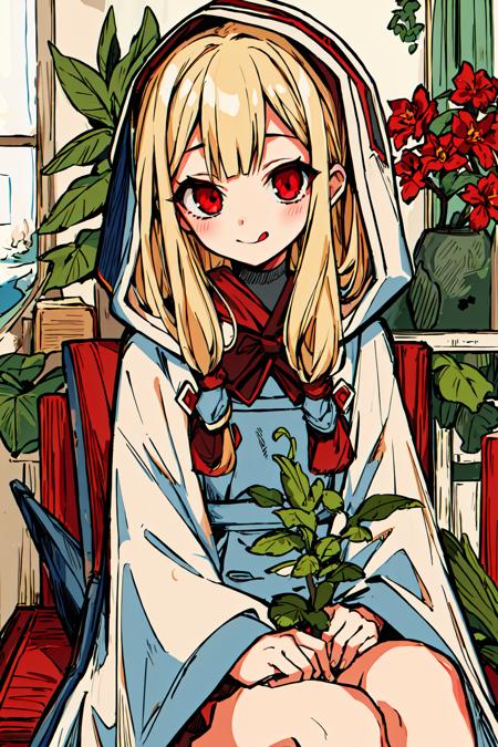 masterpiece, intricate detail,best quality, <lora:AidaIro:0.7>1girl, tongue, tongue out, solo, looking at viewer, :p, blonde hair, long hair, hood, red eyes, blush, sitting, plant, bangs