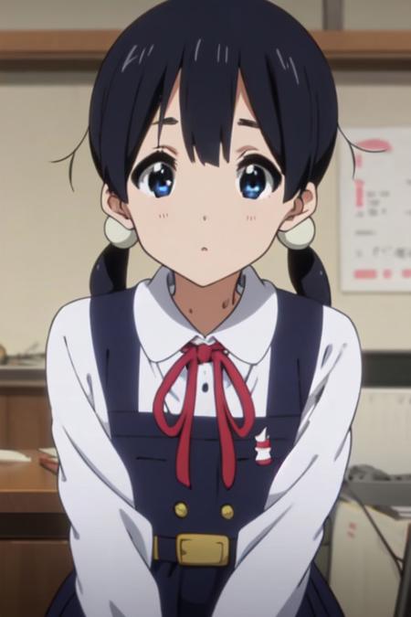 tamako market anime lineart, 1girl, tamako kitashirakawa, blue eyes, black hair, hair between eyes, twin tails, bands, blue school uniform, dark blue pinafore dress with four black buttons, white shirt, thin red bow, wide straps on shoulders, belt on waist, inside of classrom