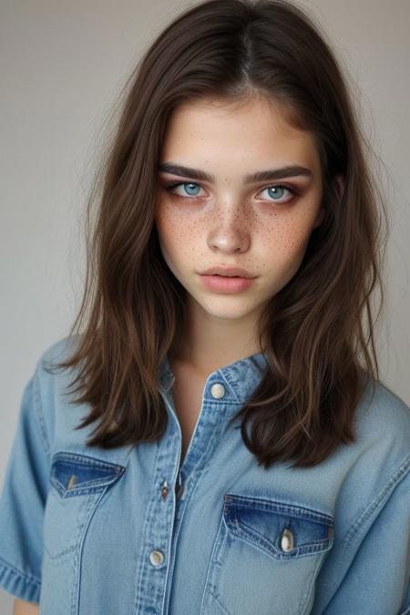 Girl, full body, standing, realistic, Ultra-HD. Small boobs,jeans shorts, sports cropped, perfecteyes eyes, BROWN hair, beautiful appearance,, small appearence, young appearence, freckles, green EYES, piercing, lower part of the body