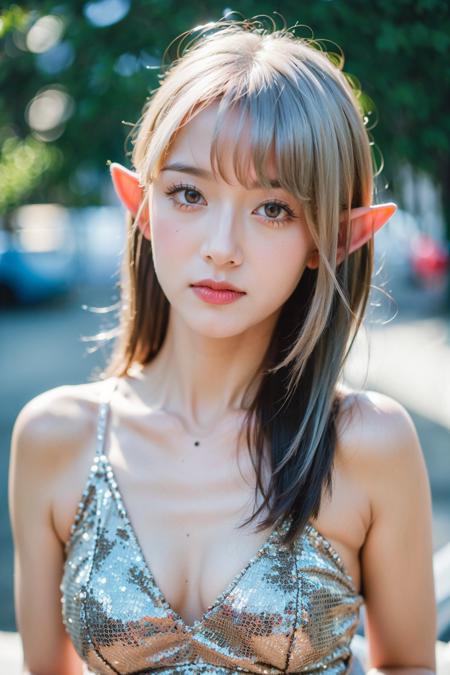 (best quality:1.4), (ultra highres:1.2), (photorealistic:1.4), (8k, RAW photo:1.2),(portrait shot:1.3), pinomyim, pointy ears, elf, 1girl, solo, silver hair, white hair, long hair, looking at viewer, bokeh, depth of field, upper body, white dress, cleavage, red eyes, <lora:pinomyim-000004:0.8>, <lora:ElfOutfitV2:0.55>