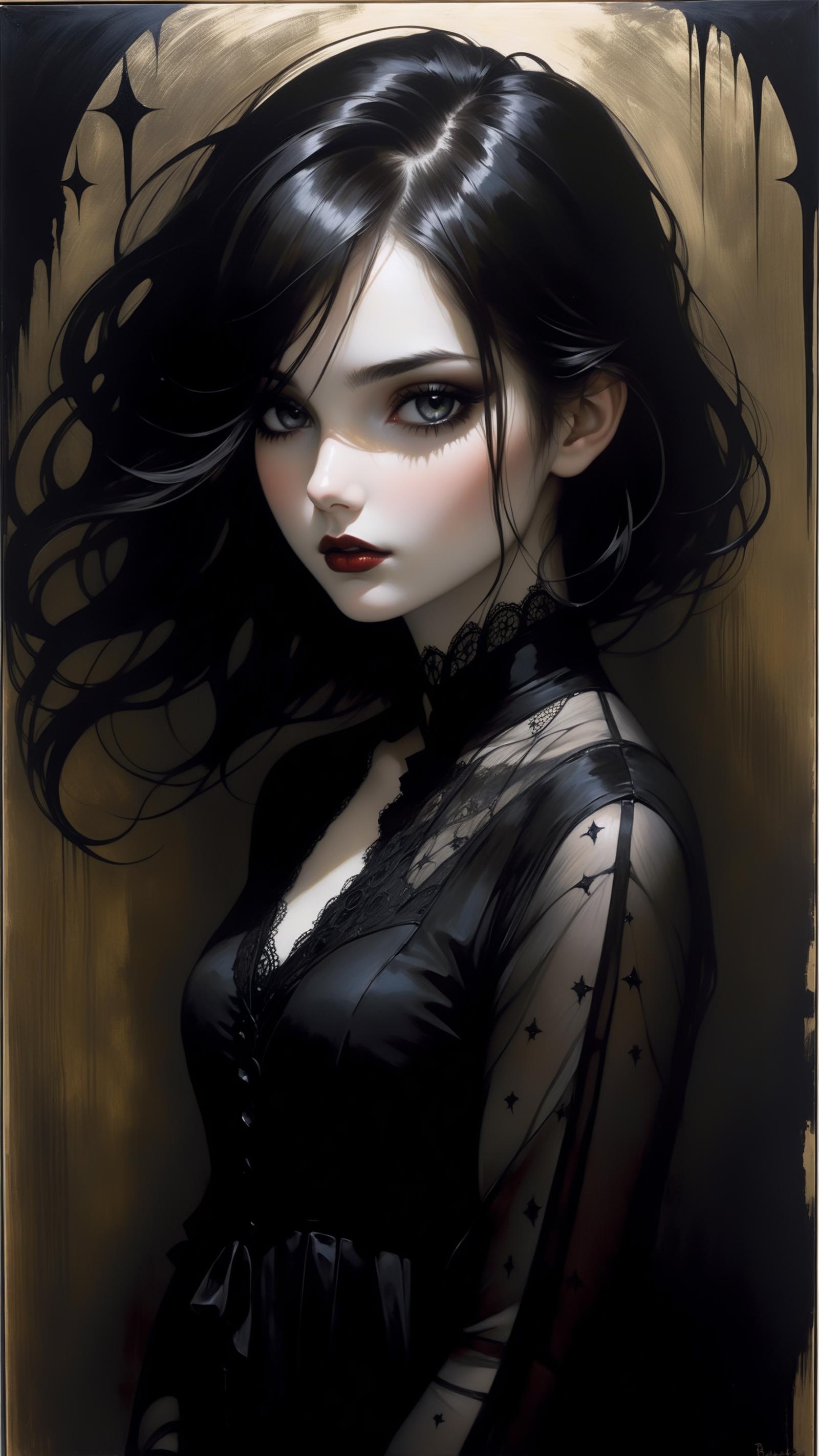 Artistic Portrait of Woman with Long Dark Hair, Black Dress, and Black Lace.