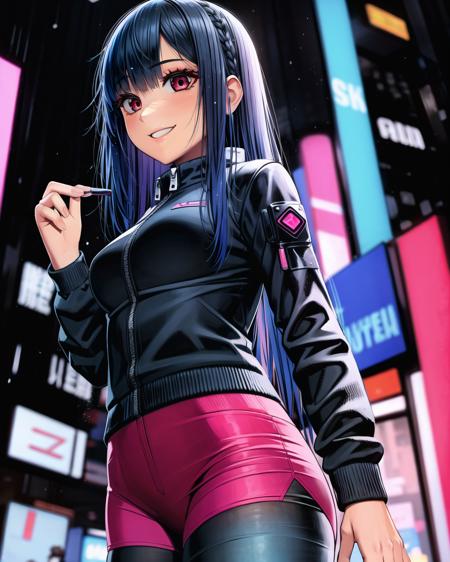 an illustration in the art-style of   <lora:JellyTitsV3:0.8>, art by JellyTits,  1girl, blue_hair, long_hair, red_eyes, intricate eyes, detailed eyes, eye_focus,  black_jacket, cyberpunk, smile, standing,  black_leggings, pink_shorts