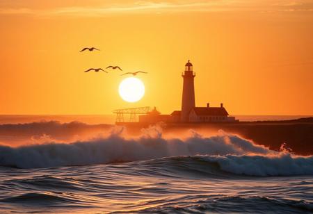 Lighthouse silhouette against the glowing sunrise, seagulls soaring above crashing waves, warm hues of morning sky reflecting on the water's surface, coastal landscape, ultra realistic, golden ratio, dramatic lighting