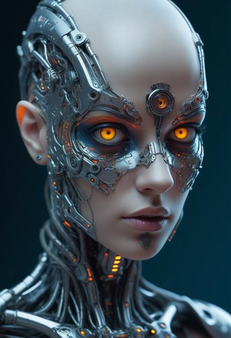 Cyborg biomechanical girl with a cyberpunk appearance with metal pieces on her face and body, with a glass appearance and very vivid colors, deep gaze, very stylized and feminine, big eyes, no hair