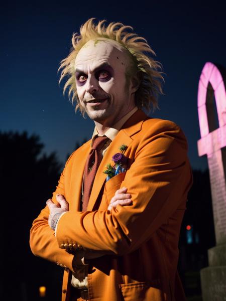 <lyco:beetlejuice_v2.0:1> beetlejuice, in a spoky cemetary, wearing an orange jumpsuit, sharp, amazing, bokeh, canon dslr, realistic, night light