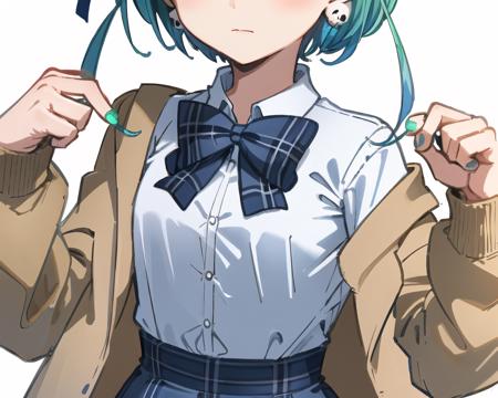 <lora:GoodHands-beta2:1>, nice hands, perfect hands, masterpiece, best quality, high quality, highres, jewelry, <lora:testbluerushia2_3:1> , (brown cardigan:1.3), 1girl, aqua hair, skirt, red eyes, shirt, plaid, bowtie, anger vein, blue bowtie, hands on hips,  plaid skirt, plaid bow,  plaid bowtie, short hair, collared shirt, blue skirt, black choker, earrings, jewelry, beret,  open clothes, classroom, double bun, skull hair ornament,