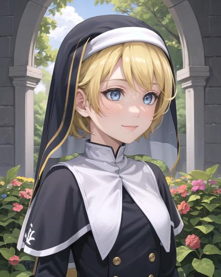 best quality, (masterpiece:1.2), illustration, absurdres,
(1girl, solo), (beautiful detailed girl), ((upper body, portrait)),
<lora:Rosine-06:0.8>, Rosine, blonde hair, short hair, blue eyes, small breasts,
nun outfit, nun habit,
kind, graceful, peaceful, calm, tranquil, smile, gentle,
church garden, outside church, stained glass, flowers, bush, plants, trees, sky, clouds, day, fruits, berries