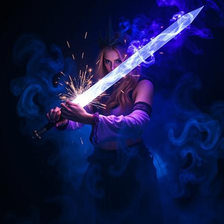 Best quality, slow motion, dark Bioluminescence translucent archaea/sorceress imbues sword with sparks of energy. Dark swirls of blue and purple smoke flow down and envelope her.