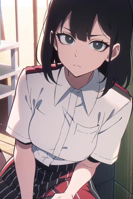 lingqiao, <lora:lingqiaotest:1>, 
ling qiao, bangs, black hair, medium hair, (black eyes:1.5),
BREAK skirt, shirt, white shirt, short sleeves, collared shirt, black footwear, red skirt, sandals, pocket, long skirt, shirt tucked in, breast pocket,
BREAK looking at viewer,
BREAK outdoors, city,
BREAK <lora:GoodHands-vanilla:1>, (masterpiece:1.2), best quality, high resolution, unity 8k wallpaper, (illustration:0.8), (beautiful detailed eyes:1.6), extremely detailed face, perfect lighting, extremely detailed CG, (perfect hands, perfect anatomy),