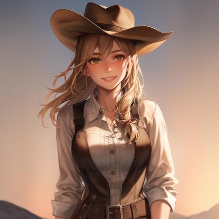 Sadie Adler smiling, wearing a white shirt, dark brown eyes, freckles, cowboy hat outdoor Wild West background <lora:Sadie Adler:1>