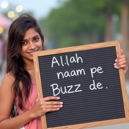 Hot girl holding a board with text "Allah ke naam pe Buzz de"