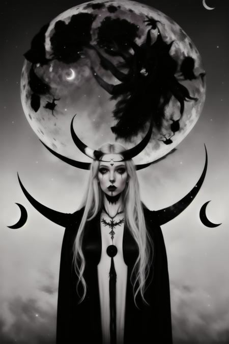 a woman with a crescent over her head , 1girl, solo, long hair, monochrome, upper body, greyscale, lips, night, moon, crescent moon , witch_style