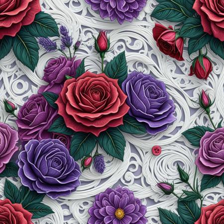 Finely detailed vector illustration. roses, cosmos, lavender, ultra realistic quality, interwoven pattern, white background, hyperdetailed, intricately detailed,  triadic colors,fantastical,intricate detail,splash screen,complementary colors, fantasy concept art, 8k resolution, masterpiece, thick yarn, buttons