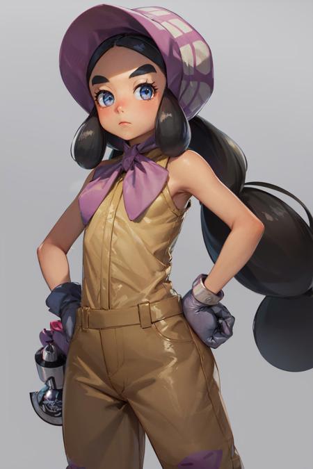 (masterpiece, best quality:1.2), <lora:pokemon_hapu-10:1>, cowboy shot, solo, 1girl, hapu \(pokemon\), dark skin, dark-skinned female, expressionless, closed mouth, looking at viewer, hand on hip, twintails, bonnet, thick eyebrows, sleeveless jumpsuit, gloves