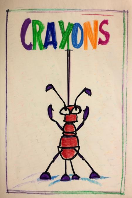 an ant holding up a sign that says crayons  <lora:crayons_v1_sdxl:1>