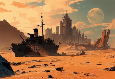 We are in the future, on Earth. Due to climate change, the water has evaporated, and the planet now resembles Mars. From ground level, we see the vast desert that was once the Atlantic Ocean—now an endless expanse of sand and jagged rock formations.
A very old commercial ship lies stranded in the sand, almost entirely buried. Beside us, the arm of the Statue of Liberty emerges from a sand dune. In the distance, the remains of Manhattan’s skyscrapers stand in ruins, completely overtaken by the shifting sands.
The sun is not visible, as it is rising behind us, while a massive moon sets ahead, sinking behind the crumbling skyscrapers. The sky is painted with stunning hues of orange and blue, like the colors of dawn, with the large moon still visible above the horizon.