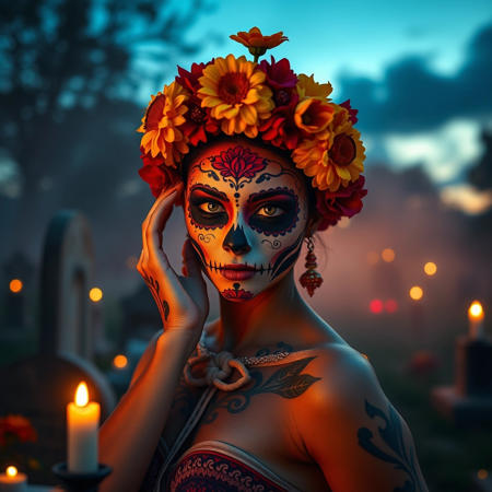 Create a mesmerizing, photorealistic  wide angle, full body image of a stunningly beautiful, athletically built,  powerful dances body, graceful, lithe, and nubile Latina woman adorned in intricate sugar skull makeup, vibrant colors reflecting the spirit of Día de los Muertos. Her expressive eyes sparkle beneath a crown of marigold and crimson flowers, contrasting beautifully against the vivid patterns painted on her face. The background is a softly blurred cemetery at sunset, casting warm golden hues that gently illuminate her features. A thick, aromatic mist lingers in the air, enhancing the magical atmosphere. Her posture is both proud and graceful, with one hand elegantly raised to touch her face, inviting the viewer into her world. Surround the scene with delicate candlelight flickering in the twilight, glowing softly against the deepening blue of the dusk sky.