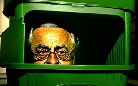 photo of president Franklin D. Roosevelt hiding and peeking from inside the trash can like oscar the grouch