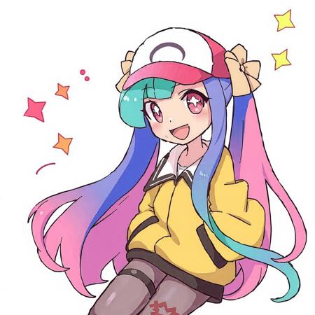 1girl, iono (pokemon), star in eye, grin, very long hair, :d, pantyhose, hexagon print, two-tone hair, bow-shaped hair, long hair, character hair ornament, single leg pantyhose, twintails, multicolored hair, upper teeth only, blue hair, thigh strap, smile, jacket, teeth, sleeves past fingers, oversized clothes, eyelashes, hair ornament, split-color hair, sharp teeth, symbol in eye, green hair, pink hair, aqua hair, very long sleeves, sleeves past wrists, yellow jacket, shirt, low-tied long hair, open mouth, pink eyes, tongue, star print, x, star (symbol), anime cap