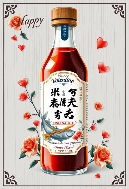 A hyper-detailed illustrator modern product cover design, eye-catching, elegant, modernized Luxury corked Fish Sauce cover, Text:"Happy Valentine", "Anchovy Fish Sauce", Brand: "Royal Fish Sauce", Slogan: "The unadulterated taste of the ocean.", " Since 1839", Romance Valentine decorate.
Apply 60-30-10 rule: 60% primary color as light wood and earthy tone, 30% secondary color as light grey, 10% decoration color as mustard yellow, navy blue.