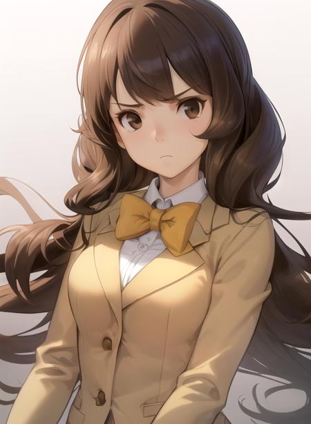 best quality, (masterpiece),(ultra-detailed), (high quality), (high resolution),  <lora:emmya-10:0.7>,1girl, black eyes, bow, bowtie, brown eyes, brown hair, clenched hand, closed mouth, emmy altava, frown, long hair, long sleeves, medium breasts,  school uniform, solo, white background, white shirt,yellow jacket,