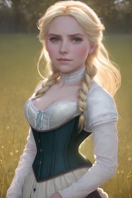 closeup portrait of a cute blonde Elsa in a bright windy field, (backlighting), realistic, masterpiece, highest quality, ((corset)), ((embarrassed)),  puddle, lens flare, shade, bloom, ((light sparkles)), [chromatic aberration], by Jeremy Lipking, by Antonio J. Manzanedo, by (Alphonse Mucha), digital painting