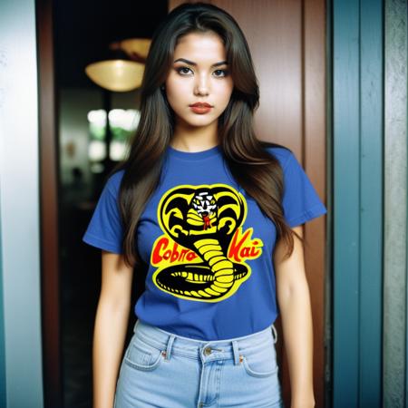analog film photo Ultra quality, ultra defined textures and colors, full body shot,1girl,long hair, big eyes, beautiful lips, extreme face makeup, short sleeves, wearing a cobra kai t-shirt logo  <lora:Cobra Kai- tshirt - SDXL1.0:1> . faded film, desaturated, 35mm photo, grainy, vignette, vintage, Kodachrome, Lomography, stained, highly detailed, found footage
