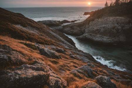 raw photo, a sunset landscape, oregon coast, rocky beach, forested cliffs, cozy, photorealistic, high detailed texture, 8k uhd, dslr, soft lighting, high quality, film grain, Fujifilm XT3, Sony A7 IV, highly detailed photography, (muted colors, cinematic, dim colors, soothing tones:1.2), vibrant, insanely detailed, hyperdetailed, (dark shot:1.2), (vsco:0.3), (intricate details:0.9), (hdr, hyperdetailed:1.2) (highest coherency: 1.39) (highest quality: 1.39) (rule-of-thirds) (award-winning) (masterclass) (highest resolution: 1.39)