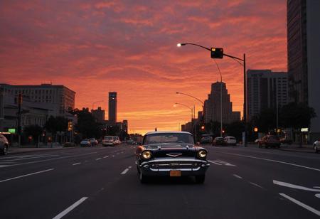 car, motor vehicle, no humans, road, building, city, lamppost, sky, outdoors, scenery, orange sky, street, sunset, cityscape, vehicle focus, skyscraper, red sky, evening, gradient sky, shadow, traffic light, twilight,  full-size car, cloud, dusk, red background, crosswalk, window, skyline, road sign, (1957 Chevrolet Bel Air)