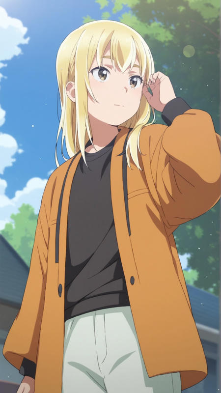 anzu_hinamatsuri anzu_hinamatsuri, an anime girl,  1girl, solo, long hair, smile, open mouth, blonde hair, jacket, ponytail, pantyhose, shorts, scarf, black pantyhose,  anzu_hinamatsuri, an anime girl,  1girl, solo, blonde hair, shirt, sky, day, belt, cloud, side ponytail, white jacket, black shirt anzu_hinamatsuri, an anime girl,  1girl, solo, long hair, blonde hair, full body, sandals, pajamas anzu_hinamatsuri, an anime girl,  1girl, solo, long hair, blonde hair, outdoors, day,