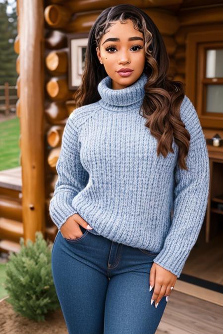 portrait of (DEN_lexi_love:0.9) wearing a woollen turtle neck jumper and jeans in a log cabin, high neck, jumper, woollen jumper, jeans, trousers,
headshot, centre frame, face focus, head focus,
photorealistic, high detail, detailed, realistic, intricate,