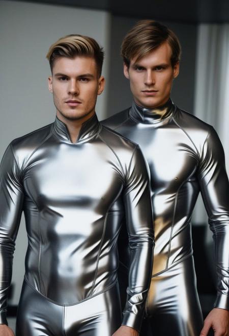 two strong 24-year-old german hunk males, with a side fringe curtains hairstyle, detailed face, dominant expressions, wearing a skin tight light-gray latex futuristic suits with silver and gold latex details, wearing skin tight black latex jockstraps, standing at attention posture,  on a modern living room, looking to the camera, detailed face,  inside a office, professional photography, shot on sony a 7RIII , looking to the camera,  detailed skin face and eyes, natural lighting ,  film grain, low contrast, natural face,  dark circles under eyes