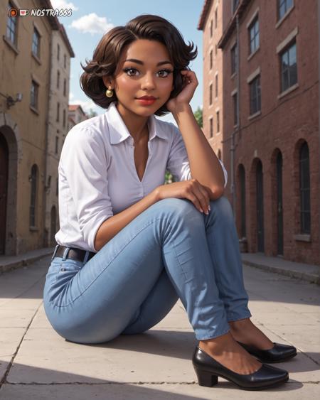 short hair, black hair, brown eyes, donna_tubbs, nostra666, black skinned woman, dark skinned woman, family guy, dark skin, dark-skinned female, lipstick, brown hair, makeup, white shirt, blue jeans, elegant shoes,