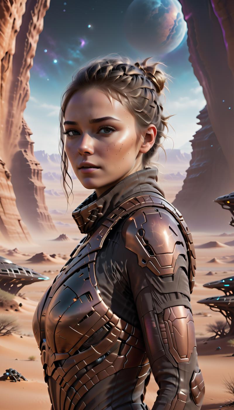 A woman in a futuristic armor stands in front of rock formations.