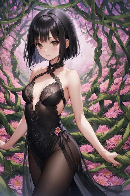 (best quality, masterpiece), (1girl, solo, brown eyes, black hair, short curved bob, small breasts),wariza,
(enchanting forest mage dressed in a gown made of intertwining vines and blooming flowers), (despair:1.3),
(limited pallete),(perfect composition),(heavy Monochrome:0.9),<lora:SilvermoonMix01V1.1:1>