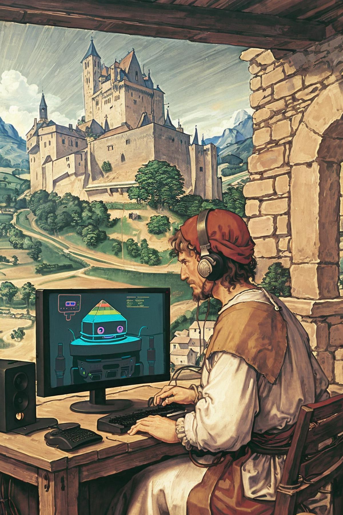 A man working on a computer with a medieval background.
