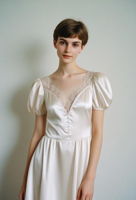 Photography, skinny, beautiful sexy slavic 18yr old femboy man androgynous , short haired brunette, wearing loose satin wedding dress with lace trim, puff sleeves, soft smile, light freckles,  slim beautiful face, perfect eyes, detailed background, eyeliner
kodak analog flash photography