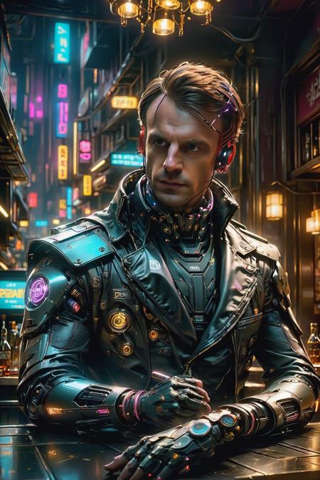 (Best quality:1.4),(masterpiece:1.5),intricate,high resolution, ultra-detailed, photorealistic, (cyberpunk scene),science fiction,retrofuturism (portrait of macron, a cyberpunk_man:1.4),cyberpunk,cyberpunk jacket,wires and cables, mechanical body, futuristic,rim light