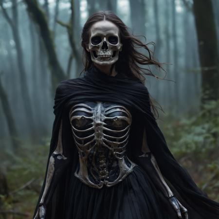 The Skeleton young Witch, flying, epoxy_skull, amidst a black swirling vortex in a dark, mystical forest. A beautiful woman with long hair stands, her figure draped in skeletal armor and an ethereal dress, engulfed by the swirling darkness. The scene is intensely cinematic, dominated by deep shadows pierced by subtle hints of light, crafting a dramatic interplay of darkness and luminescence. Wind, intensified to 1.2, weaves through the trees, enhancing her enigmatic silhouette, now surrounded by black smoke and the eye of a storm. Close-up on her sad expression, amidst sparkling embers and a billowing long piece of cloth, with a faint (intensity:0.5) hint of a Skeleton mask,